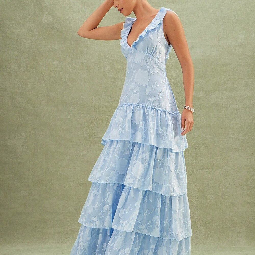 Blue Elegant Women's Floral Textured Tiered Ruffle Maxi Dress - Picture 5 of 5